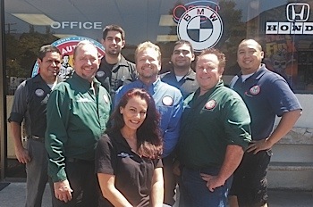 back row: techs, martin, oscar and jerry; service writer, lou; second row: owners, mark, pat and willie; front: administrative & marketing advisor, tess