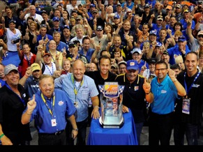 (Front Row, L to R): Willie B., Two Guys Garage; Rusty Bishop; Sam Bass; Frank Stoddard, team owner, FAS Lane Racing; Kenny Schrader; Dennis Bickmeier, president, RIR; Kevin Byrd, Two Guys Garage